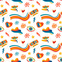 Naklejka premium Psychedelic seamless patterns in retro 70s style, groovy hippie backgrounds. Teenage cartoon funky print with abstract bright colors, stars, sun, music cassette, rainbow