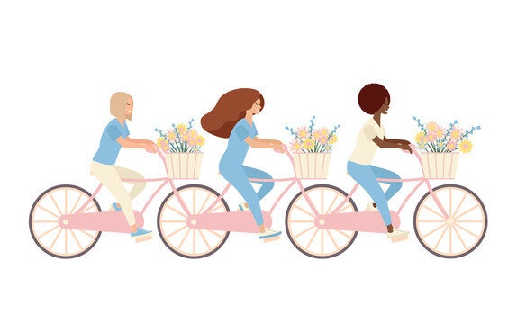 Three different girls on a tandem bike with basket and flowers in pastel colors