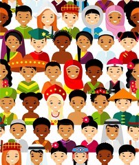 Seamless background of multicultural national children, people on planet earth. Seamless background of international people in traditional costumes around the world.