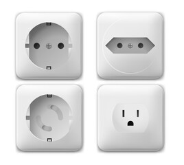 Power socket, switch and extension vector outlet for electric plugs and electricity illustration. Set of different types of power isolated sockets and switchers.