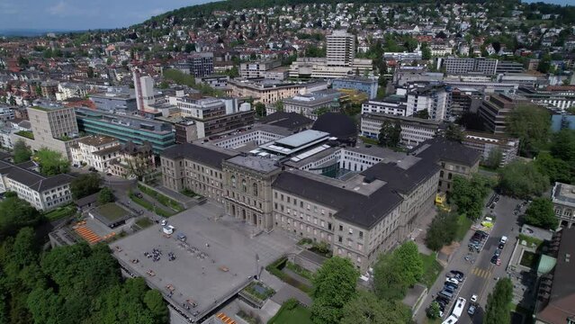 High angle aerial perspective of University of Zurich buildings, Switzerland