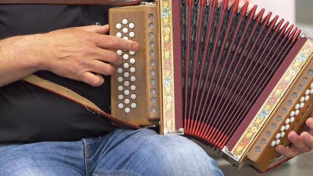 Man on city street playing accordion during sunny day,close up shot