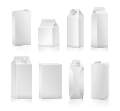 Set of White Paper Packs for milk, juice, and other, on white background. Realistic vector illustration