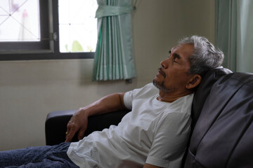 senior man sleeping on sofa in living room on day time.old people lifestyle, adequate sleep during...