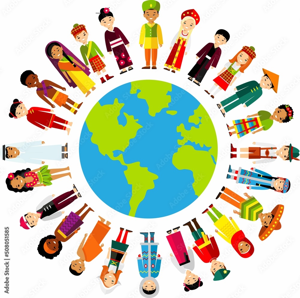 Wall mural Vector illustration of multicultural national children, people on planet earth.
Set of international people in traditional costumes around the world.