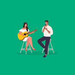 Woman playing acoustic guitar. Man singing. Musicians. Vector