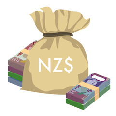 New Zealand Dollar Vector Illustration. New Zealand money set bundle banknotes. Money bag 10, 20, 50, 100 NZD. Flat style. Isolated on white background. Simple minimal design.