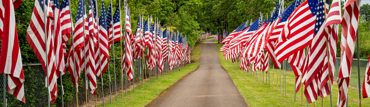 A panorama image of a display of United States flags on Memorial Day along a road in a cemetary near Dallas Oregon