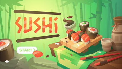 Illustration of sushi in a bamboo forest