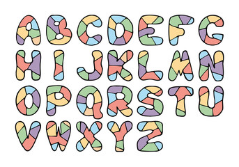 Cute chopped colorful English alphabet. Hand Drawn. Freehand drawing. Doodle. Sketch.	