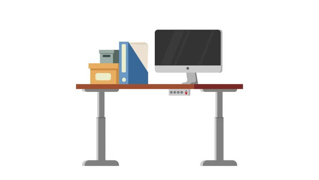 Electric ergonomic computer desk for sitting and standing with computer monitor or screen and document archive. Change table height up and down looped video. Isolated on white background.