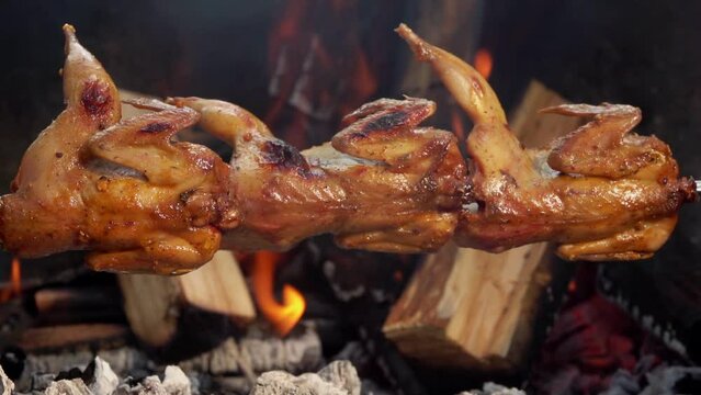 Mouth-watering quail carcasses on the skewer are roasting above the open fire