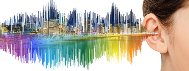 Hearing health concept. Girl's ear listening sounds of noise city with colorful sound waves - obrazy, fototapety, plakaty