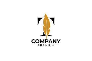 Flat initial letter T with feather pen logo design