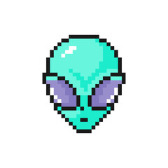 Green humanoid alien head with big eyes icons in pixel art design isolated on white background