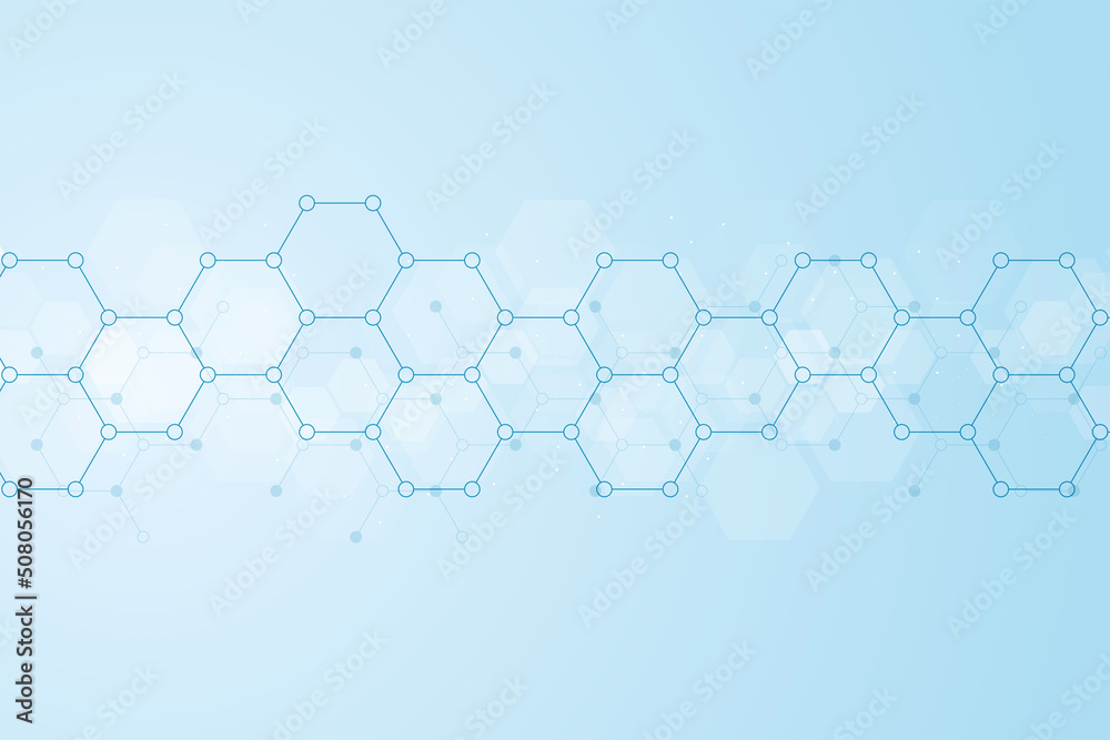 Wall mural hexagons pattern on blue background. genetic research, molecular structure. chemical engineering. co