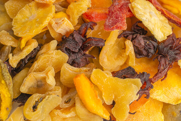 Mix of dried exotic fruit, mangos,slices of pineapples, passion fruit, papaya.