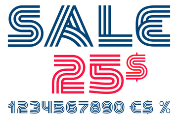 Sale lettering with numbers set, percent, dollar sign. Retro art made of three parallel lines.