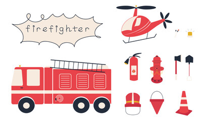 Hand drawn vector set of firefighters. Cartoon fire truck, helicopter, hydrant, fire extinguisher, helmet, matches, axe and shovel. Baby collection of a fireman in Scandinavian style.
