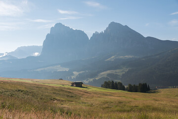 Beautiful sunrise on the meadows of Alpe di Siusi in the Italian Dolomites