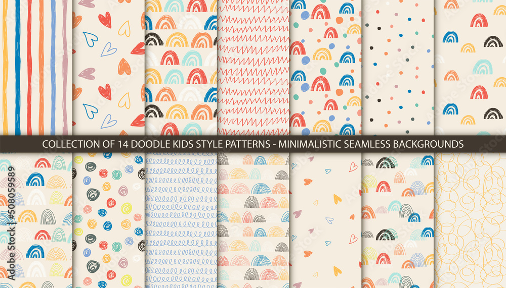 Wall mural set of kids colorful patterns with hand drawn abstract elements