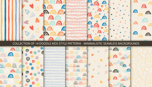 Set of kids colorful patterns with hand drawn abstract elements