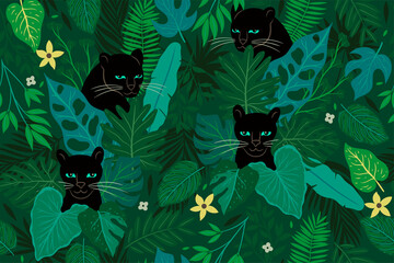 Seamless pattern with panthers and tropical leaves. Vector graphics.