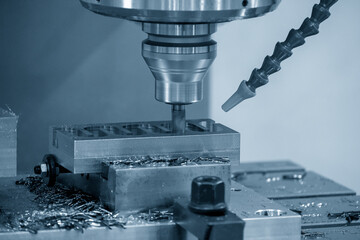 The CNC milling machine rough cutting the injection mold parts by flat end mill tools.