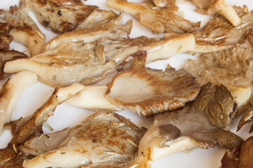 Close-up of deliciously cooked and roasted edible fungus ready to eat  Mushroom and food.