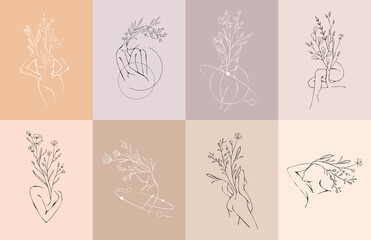 Fototapeta na wymiar Concept art of blossom beauty. Elegant linear woman with floral branch and wildflowers. Minimalistic female figure and face. Vector art of femininity and beauty for logo or wall art. Botanical