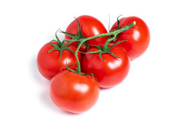 A brush of large tomatoes on a white background. Studio photo, isolate, tomatoes, washed
