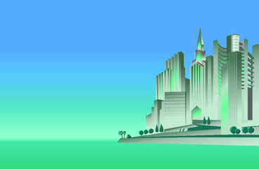 Huge megalopolis. Illustration of a modern mega city on the shore of a sea, ocean with modern skyscrapers and a beautiful sea front. Empty space leaves room for design elements, sings or text. Poster. © TanyaZima