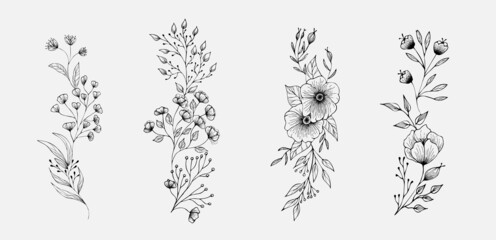 Fototapeta premium Set of floral compositions. Botanical arrangement of leaves branches and blooming flowers. Vector ornamental herbs in boutonniere and bouquet. Wedding design