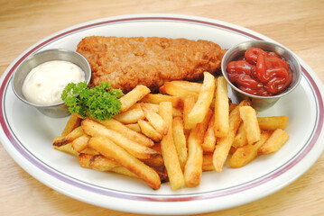 Fish and Chips Dinner Served on a White Plate	