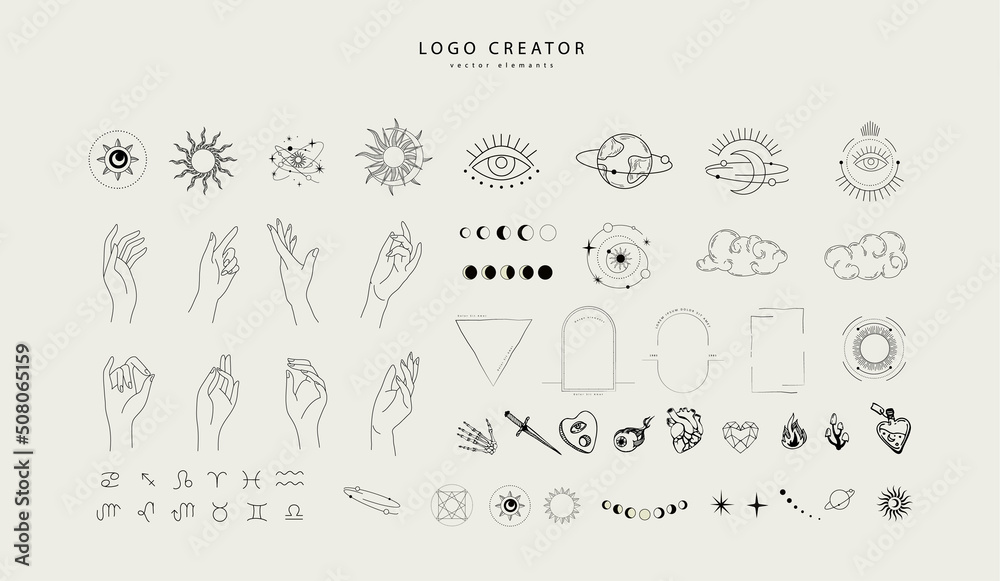 Wall mural logo design creator with different frames, floral elements and hand gestures. magic objects in a min