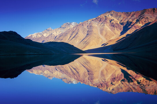 Reflection of mountains in Chandra Taal, Spiti, Himachal, India