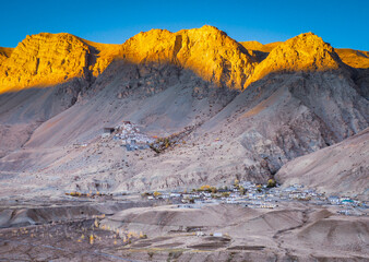 View of the Key monastery at sunset near Kaza, Himachal, India