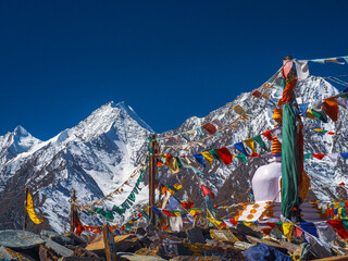 tibetan buddhist prayer flags on top of Kunzum pass, Spiti, India