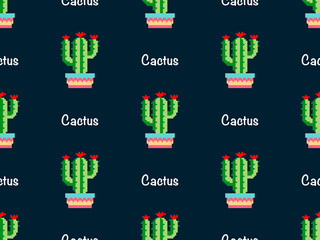 Cactus cartoon character seamless pattern on black background. Pixel style.