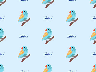 Bird cartoon character seamless pattern on blue background. Pixel style.