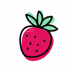 Doodle ripe strawberry. Pink berry with leaves isolated on white background. Hand-drawn fruit. Symbol of summer, healthy raw food, gardening, market. Fresh cute organic print. Vector illustration