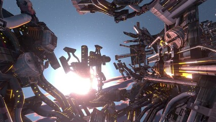 Space station orbit blue sky stars 3d animation