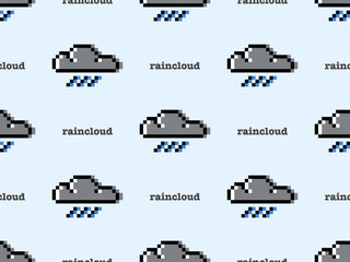 Rain cloud cartoon character seamless pattern on blue background. Pixel style.