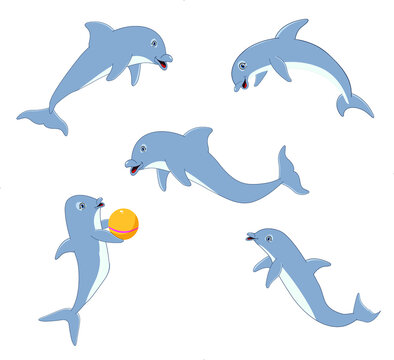 Cute dolphins set. Cute cartoon blue dolphin character play, jump through hoop and draw. Marine animal vector set. Dolphin show performance jump hoop illustration.
