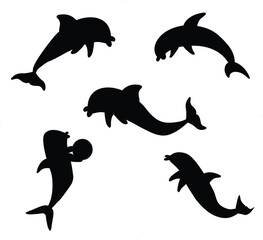 Cute silhouettes dolphins set. Cute cartoon blue dolphin character play, jump through hoop and draw. Marine animal vector set. Dolphin show performance jump hoop illustration.
