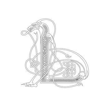 recommend clip art: Line Drawing of a Medieval Initial Letter L combining animal body parts from a Lion and endless Celtic knot ornaments