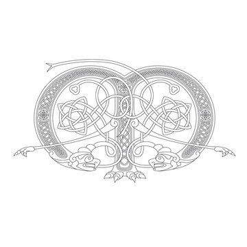 Line Drawing of a Medieval Initial Letter M combining animal body parts from Vultures and endless Celtic knot ornaments