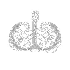 Line Drawing of a Medieval Initial Letter W combining animal body parts from Dogs and endless Celtic knot ornaments