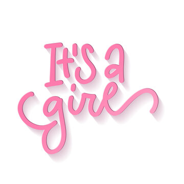 IT'S A GIRL pink monoline calligraphy lettering quote for card and banner. 3d vector isolated illustration with shadow.