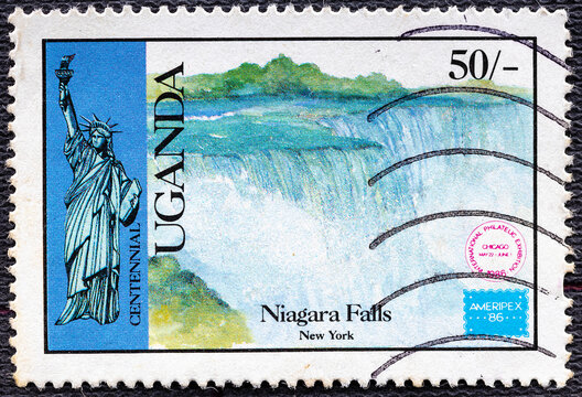 UGANDA - CIRCA 1986: A stamp printed in Uganda with the image Niagara falls, serias Ameriex-86 circa 1986.